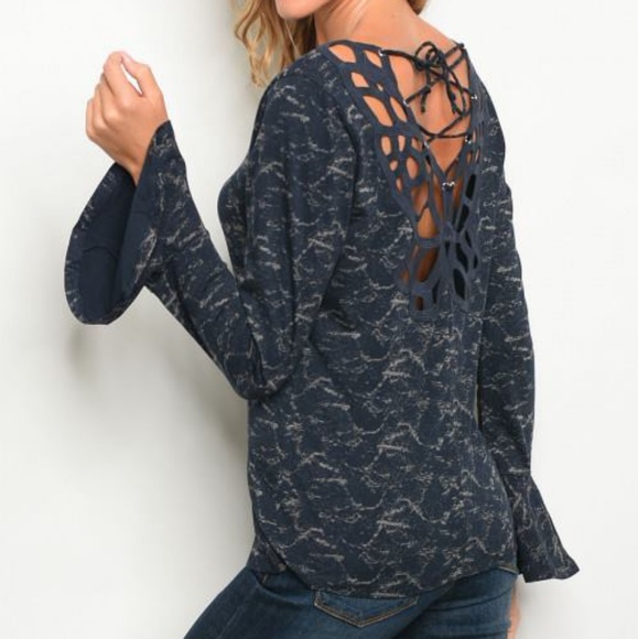 CROCHET LACE UP BACK BELL SLEEVE BLOUSE in NAVY - Picture 3 of 5